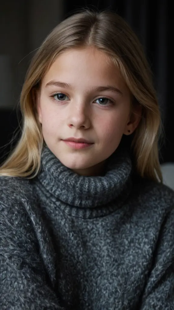 very beautiful swedish 13yo girl wearing a soft fluffy mohair turtleneck sweater in a dark bedroom