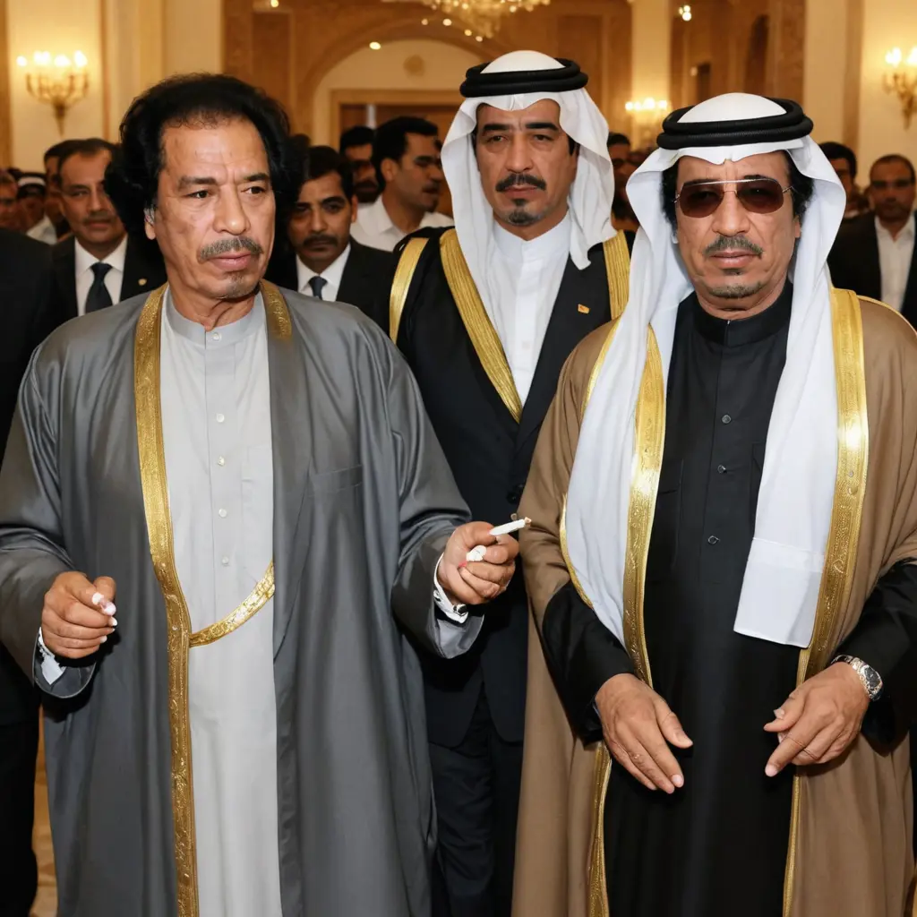 الرئيس معمر القذافي في المملكه العربيه السعوديه 2015 مع صدام حسين رئيس العراق في حضور عرس ويحملون سلاح يدخن السجائر