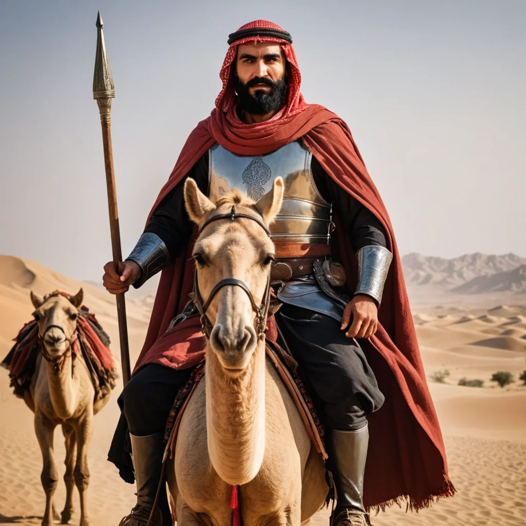 
فارس عربي في يده رمح طويل وهو رجل متعصب وصاحب شوارب كثيفه ولحيه كثيفه ولون حنطي وعينه حمراء ووجه مرعب يمتطي الابل وفي يده سيف يسكن في الصحراء