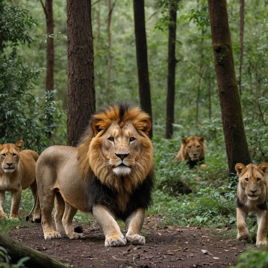 اسد في وسط الغابة حواليه مجموعة من الحيوانات