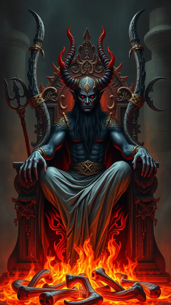 A dark, ominous Iblis sitting on a throne made of fire and bones, surrounded by symbols of chaos and destruction, representing his role as the origin of evil.
