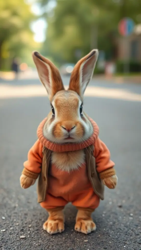 ارنب صغير كيوت،واقف في الشارع ،يرتدي ملابس.
