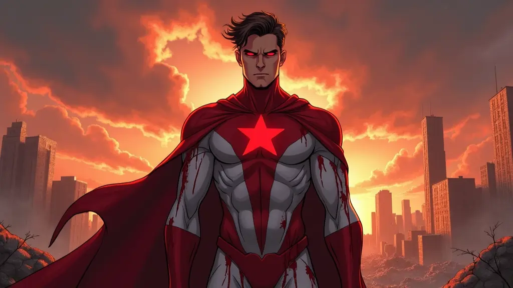 Ultra-detailed digital painting of Omni-Man from the animated series "Invincible", standing tall above a destroyed city at sunset. He wears his red and white superhero suit, stained with blood. His eyes glow faintly red, his cape flutters dramatically in the wind. The sky behind him is filled with dark, ominous clouds and orange-red light breaking through. Cracked buildings and rubble lie beneath him. His expression is cold, powerful, and intimidating. Cinematic lighting, highly detailed textures, epic composition. Perfect for a 4K desktop wallpaper, 16:9 ratio, ultra HD, dramatic atmosphere.