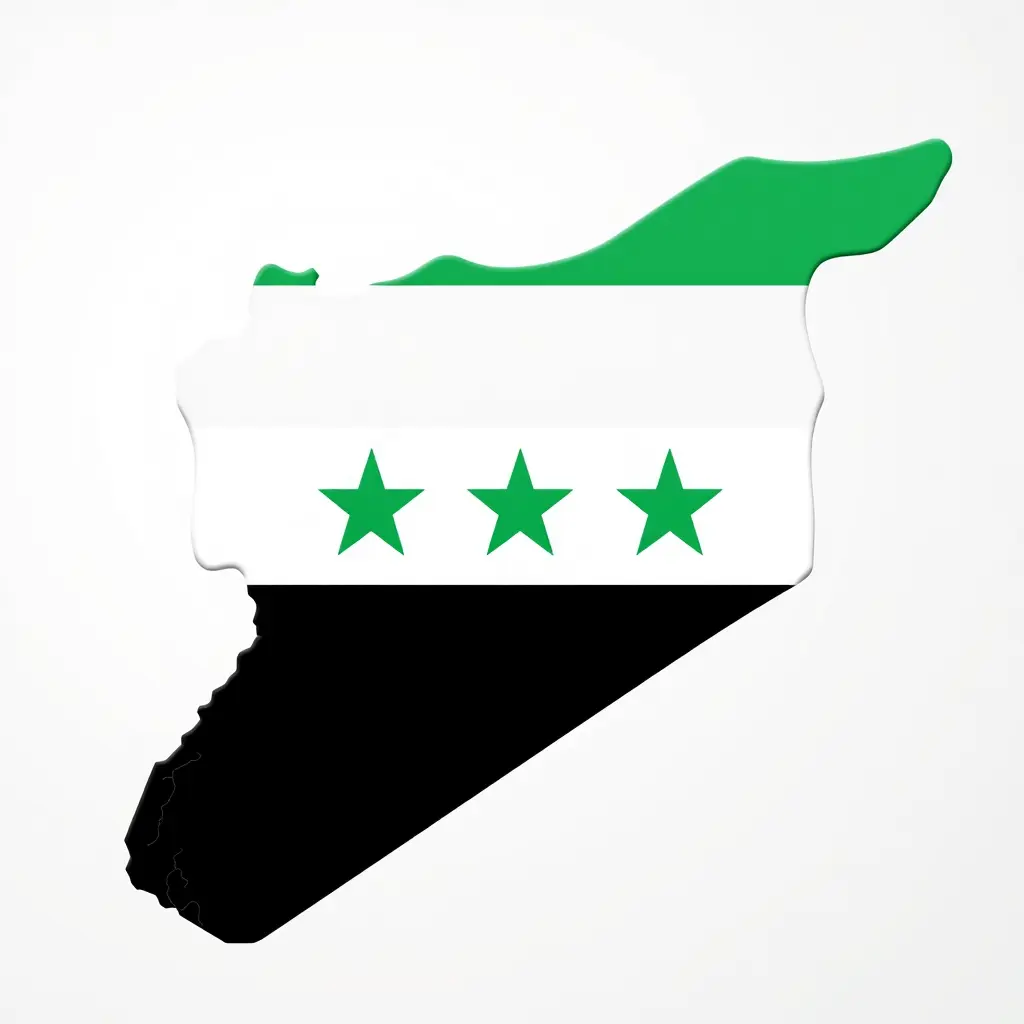 خريطة سوريا بعلم الثورة السورية، حيث تظهر الألوان الثلاثة: الأخضر في الأعلى، الأبيض في المنتصف مع ثلاث نجوم خضراء، والأسود في الأسفل