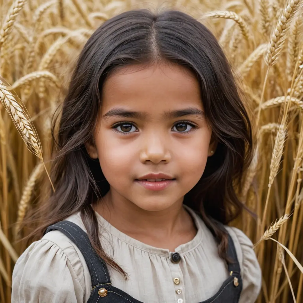 طفلة صغيره قمحية الون وجهه دائري شعرها اسود عنيها جميله فمها صغير