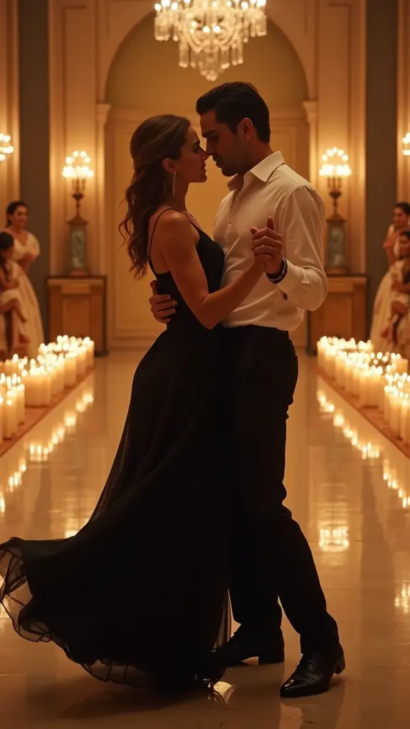 Zac Efron wearing a white shirt and black pants dances with Jennifer Aniston who is wearing a long black dress with long sleeves in a love dance in a palace decorated with candles