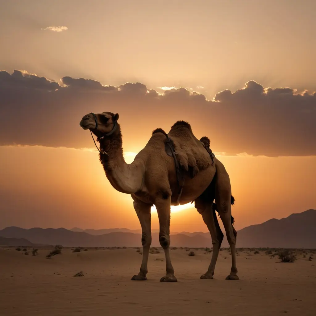 جمل في الصحراء لديه اجنحة من عام ٢٠٧٠ وقت الغروب