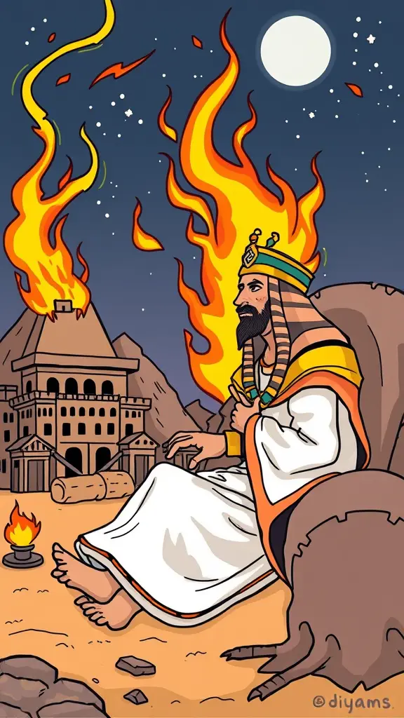صورة كرتونية تعليمية لهذا النص وفي يوم من الأيام رأى فرعون في نومه أن نارًا تخرج من الشام تحرق بيوت المصريين وقصره، ولا تحرق بيوت بني إسرائيل، وجاءالمنجمون ففسروا له هذه الرؤيا بأن غلامًا سوف يُولد في بني إسرائيل يكون زوال ملكه على يديه.