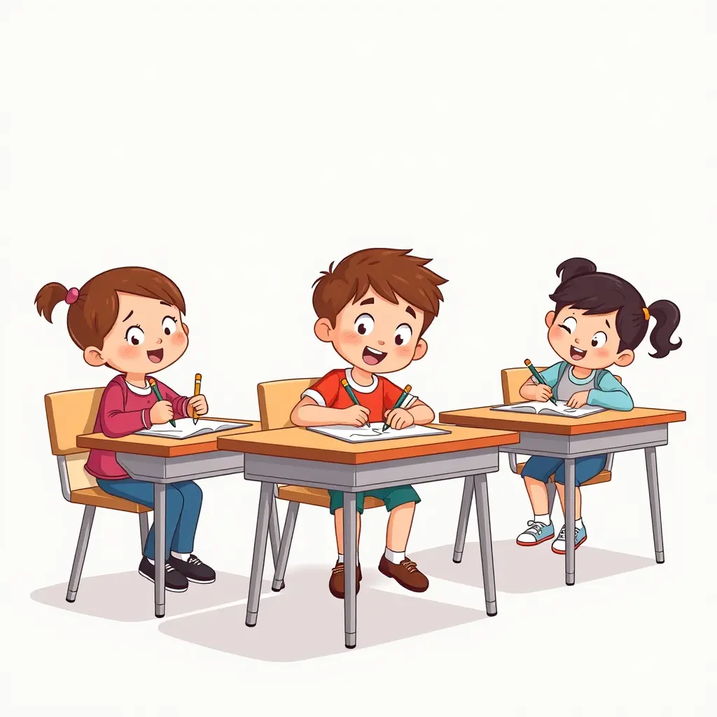 أنشئ صورة كرتونية لأطفال يجلسون على مقاعد الدراسة ويرسمون رسومات جميلة