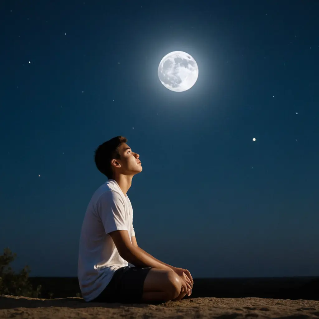 شاب ينظر الى القمر ويدعو ربه بالسكينه