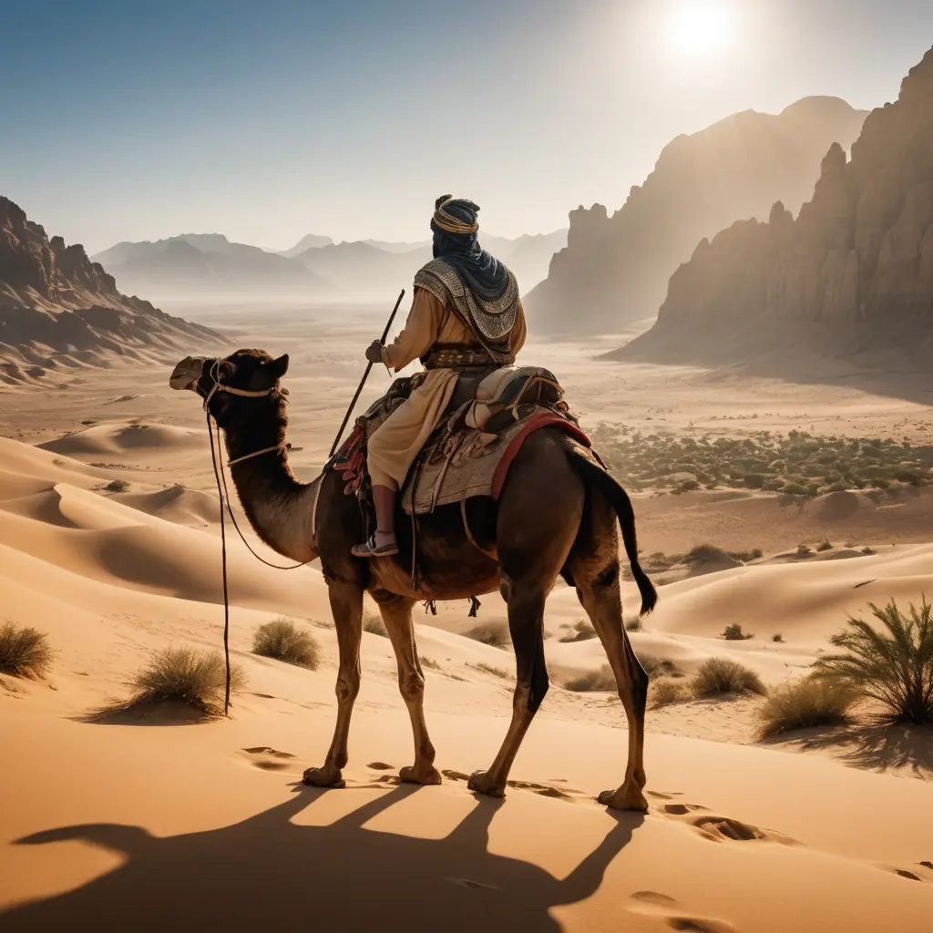 رجل محارب قوي أسطوري راكب على جمل على تلال الصحراء وأمامه واحة نضرة