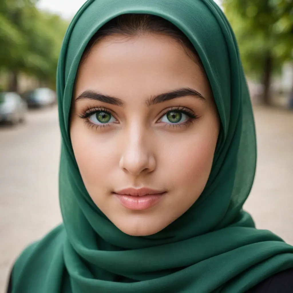 صورة بنت ترتدي حجاب ولها عيون رصاية مائلة للخضار وعيونها جميلة واسعة 