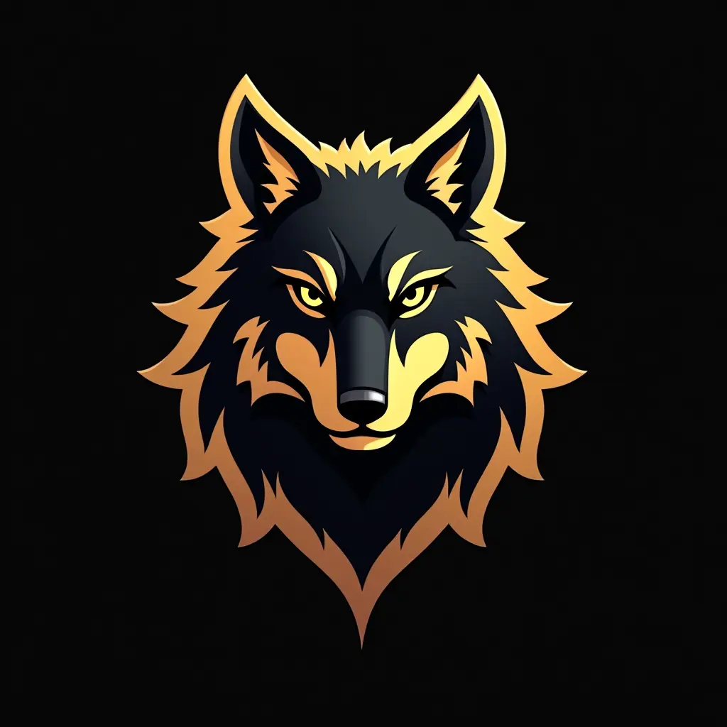 شعار ذئب جذاب مكتوب فيه The WOLF باللون الأسود والذهب