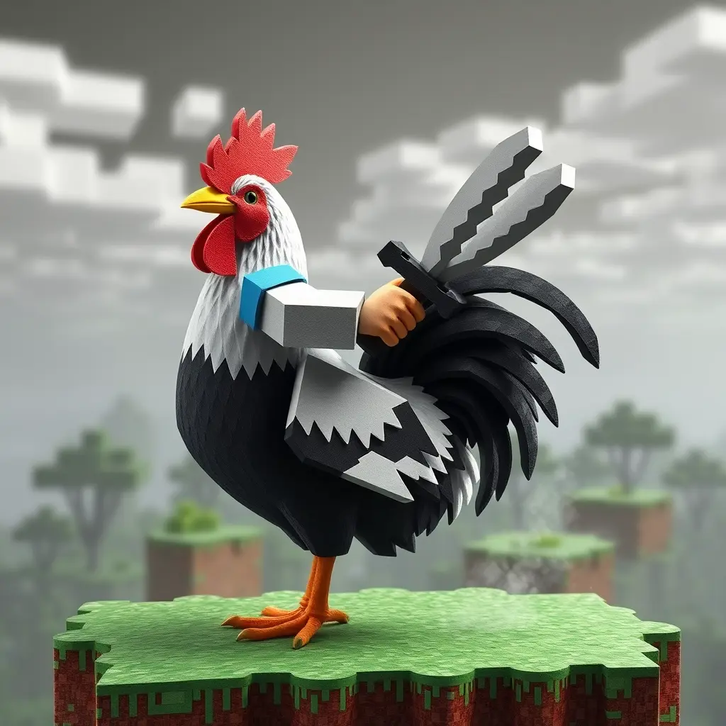 Minecraft sitting on a chicken and holding a sword