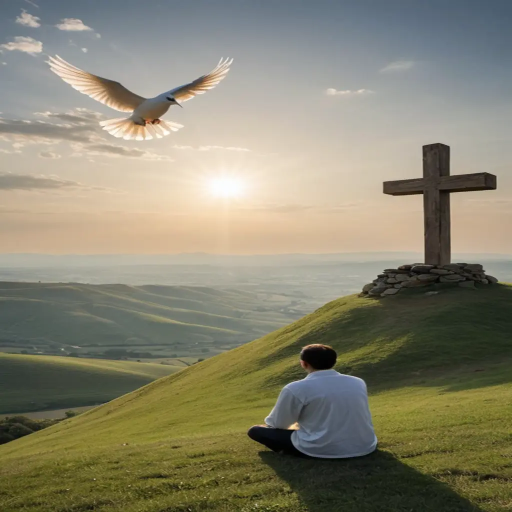 صورة رجل يصلي امام الصليب، والروح القدس بهيئة حمامة فوق الصليب، عند تل قرب السهل.