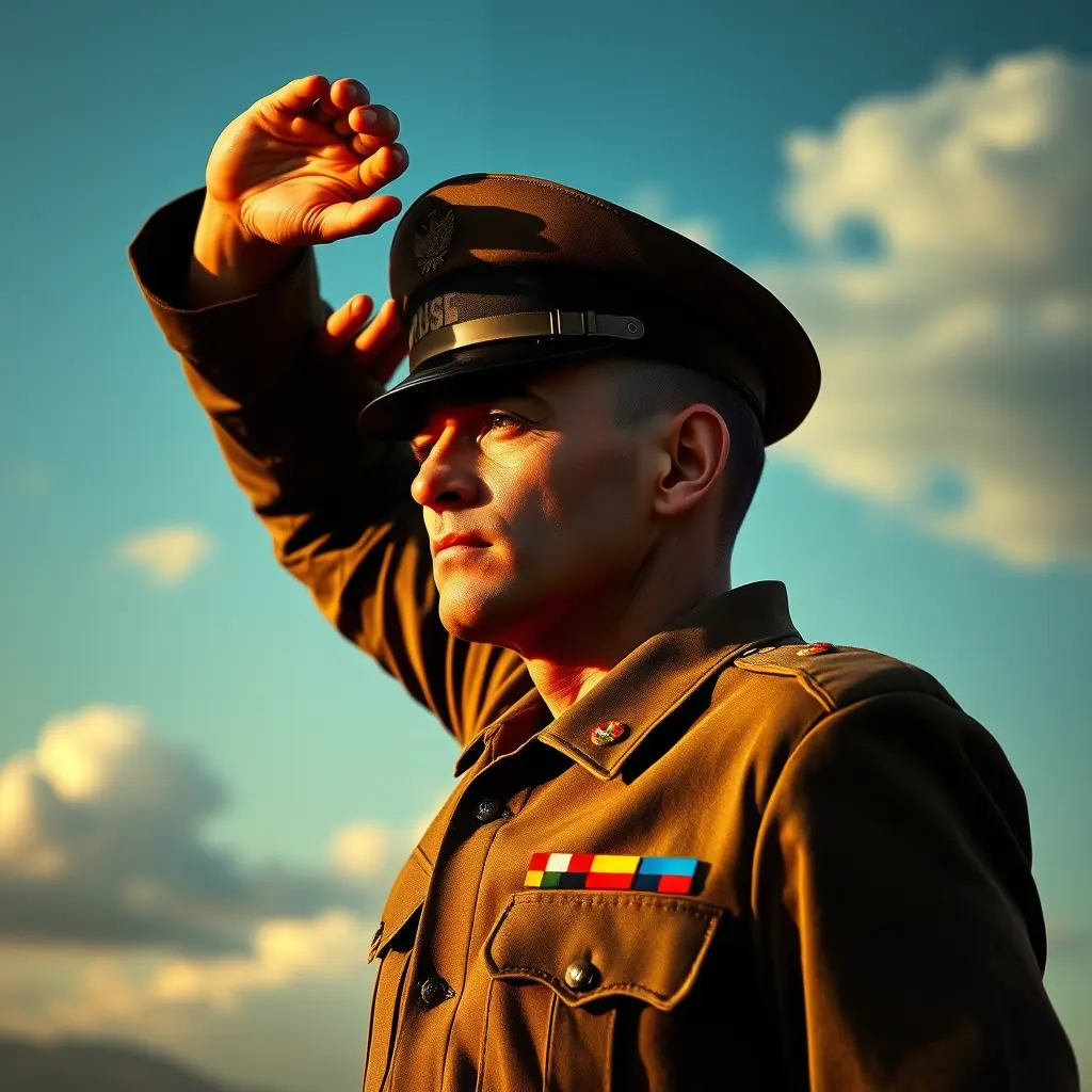 صورة تحية عسكرية، تظهر فيها شخصية مرفوعة الرأس، تؤدي التحية العسكرية بكل فخر واعتزاز. الألوان العميقة تعكس الجدية والاحترام، مع تفاصيل دقيقة في تعبيرات الوجه والحركة التي تبين الالتزام والشرف. الخلفية قد تكون مهيبة، مثل السماء المفتوحة أو مشهد يعكس القوة والانضباط. الضوء والظل يضيفان طابعًا دراميًا، مما يجعل الصورة تبدو وكأنها لحظة تتوقف فيها الزمن، تجسد التكريم والإخلاص لأشياء أكبر من الذات، وتحمل في طياتها روح التضحية والانتماء."