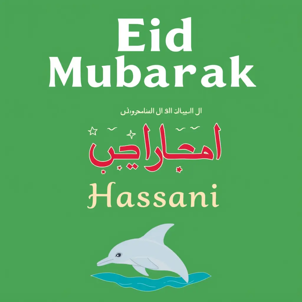 تهنئة عيد الفطر المبارك اسم حساني بالعربي مع صورة دولفين ورسومات حساني