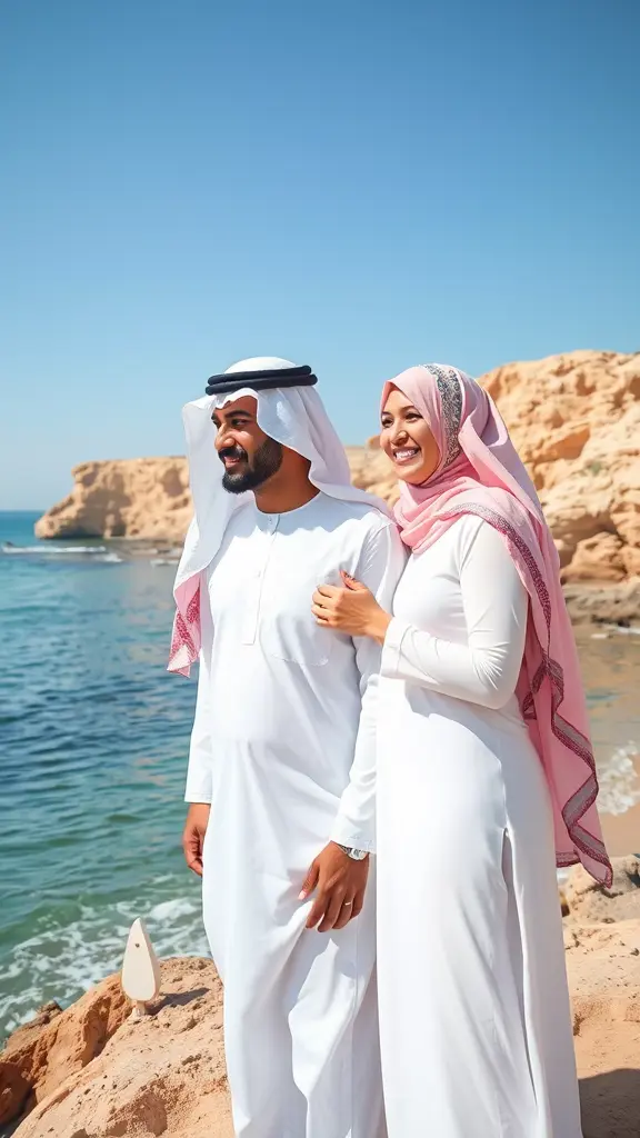 شاب سعودي مع حبيبته سعودية قابظ بيدها على ساحل جميل