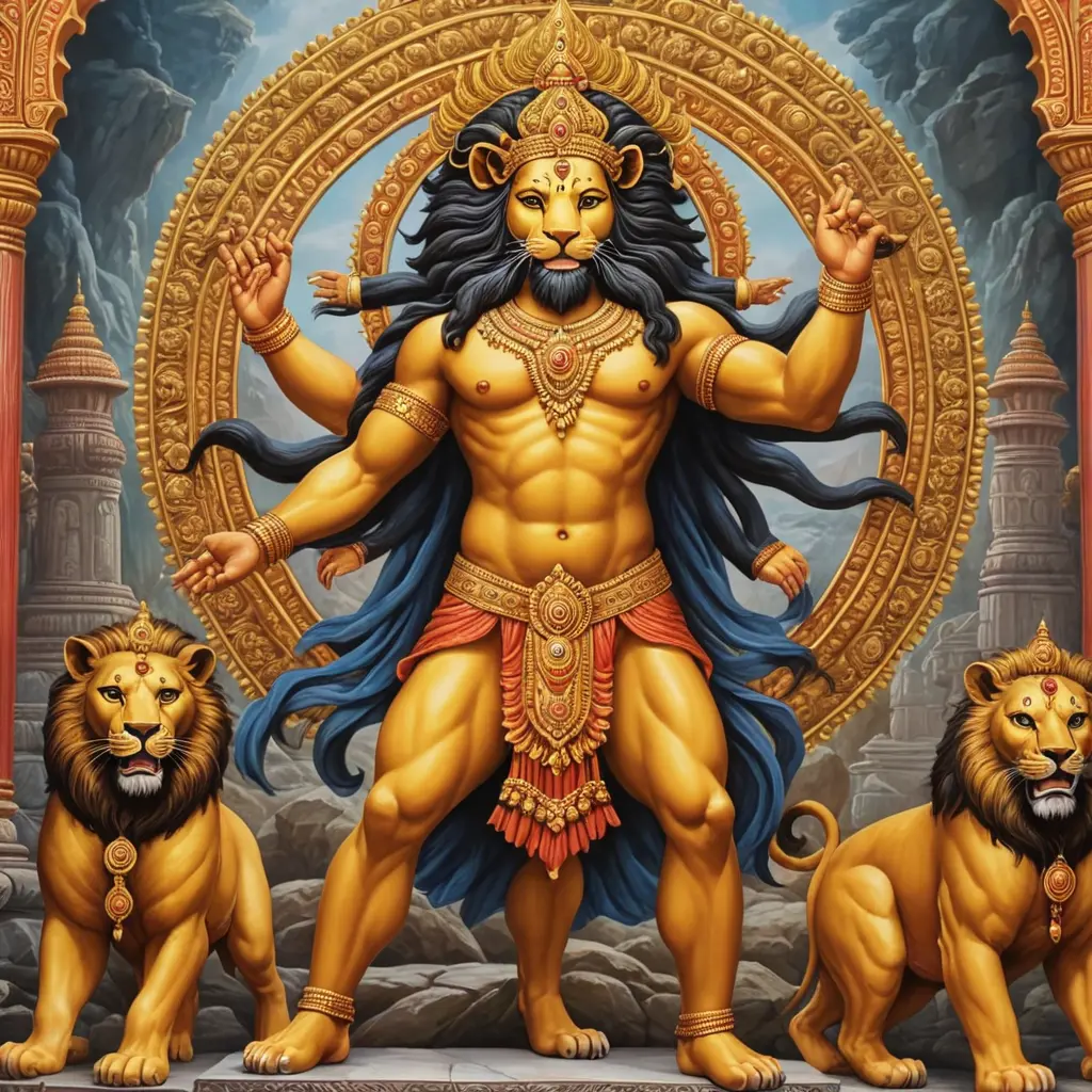 Incarnation of narsimha as lion and human body in hindu temple background