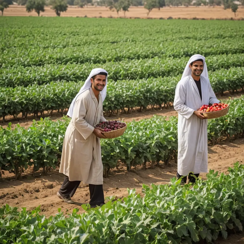 صورة فلاحين مصريين مبتسمين يلبسون الجلباب ويعملون بالزراعة
تكون الصورة من بعيد وهم يعملون ويقطفون الثمار