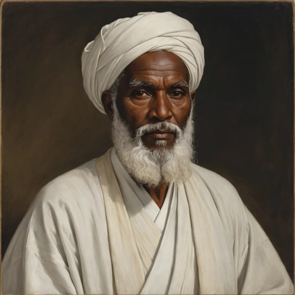 رجل عجوز لة ذقن دوجلاس بيضاء وبشرة سمراء ويرتدي جلباب ابيض وعمامة بيضاء
