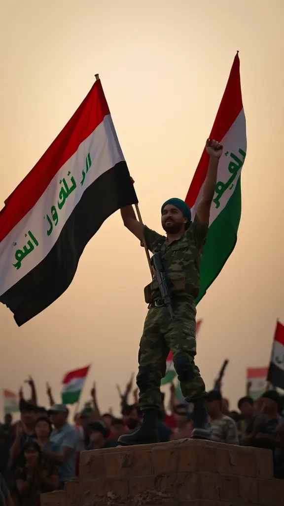 صورة لشهيد بالحشد الشعبي المقدس وهو يرفع علم الحشد الشعبي والعراقي