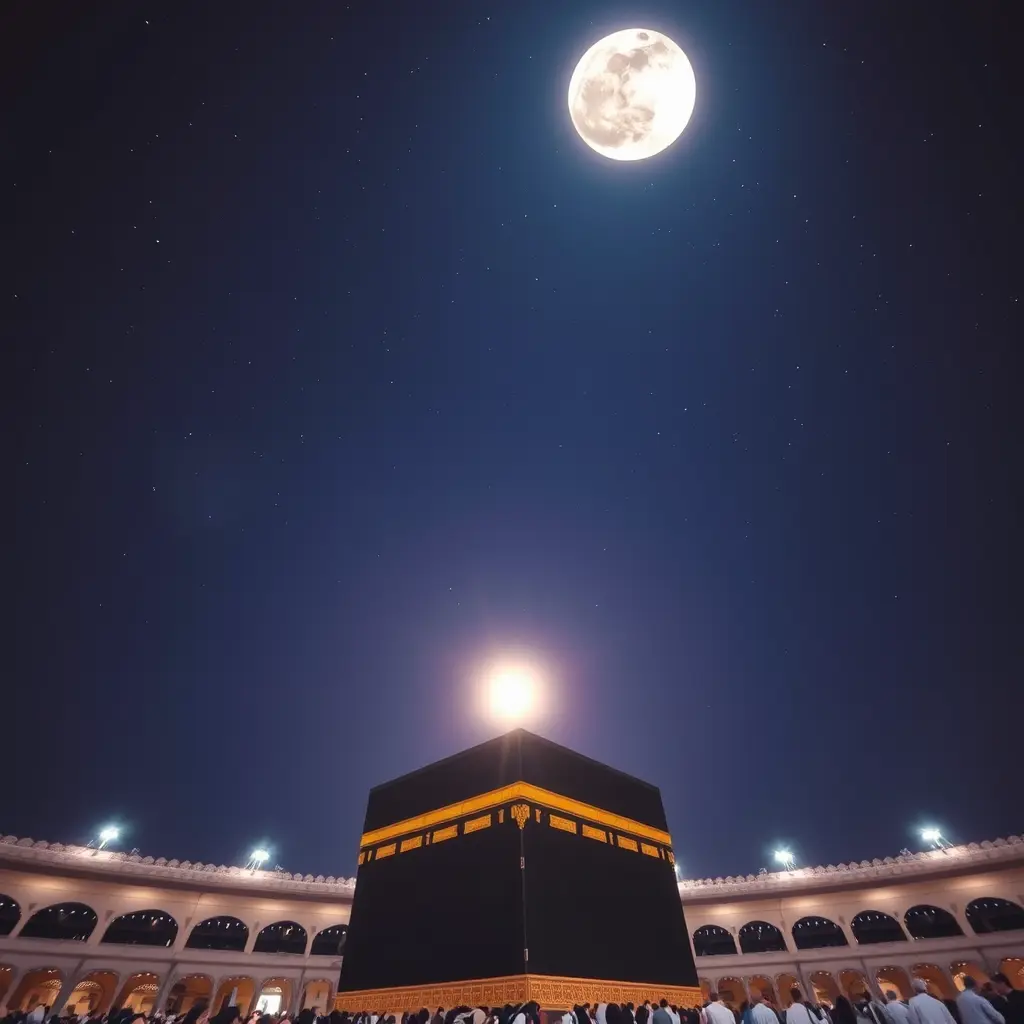 تحت سماء الليل الغامضة في مكة المكرمة، تشع الكعبة بتوهج هادئ، مضاء بالقمر المكتمل بدرجات لطيفة من اللون الأزرق السماوي والبنفسجي. تبدو النجوم أعلاها وكأنها ترقص في انسجام، صورة تم التقاطها بتعريض طويل يعزز الأجواء السماوية. تحتضن زاوية واسعة المشهد المقدس، مما يجذب المشاهدين إلى لحظة من الهدوء الروحي والعجب.
