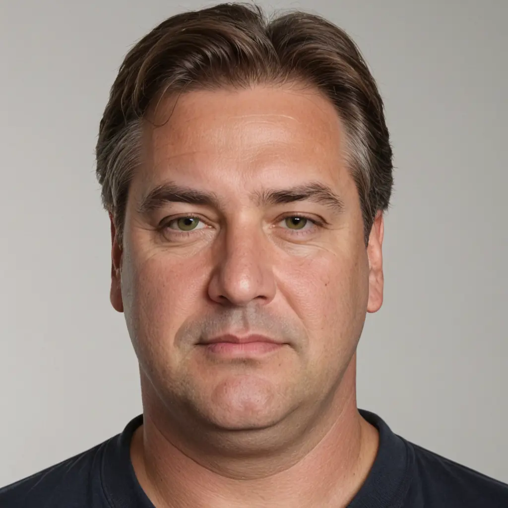 رجل اربعيني ذي شعر ابيض وبني وعيون مائلة للخضرة، سمين بعض الشيء، وله وجه جميل وعريض وحواجب متوسطة