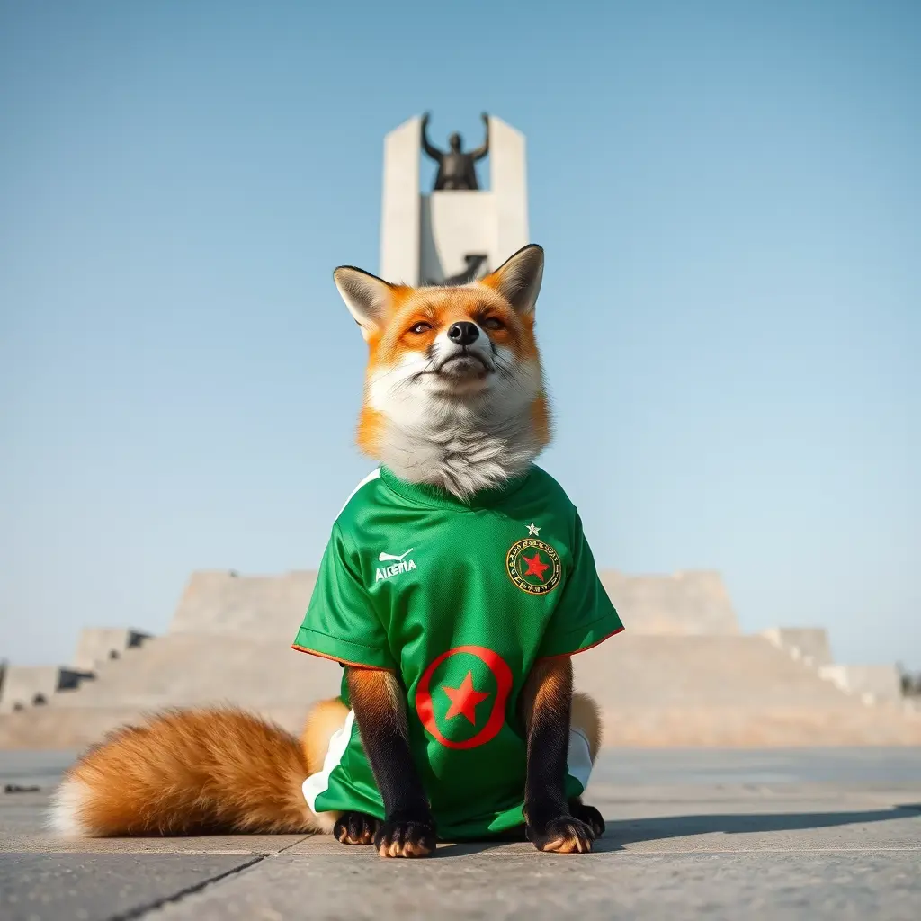 ثعلب يلبس قميص المنتخب الجزائري .يجلس أمام مقام الشهيد في الجزائر