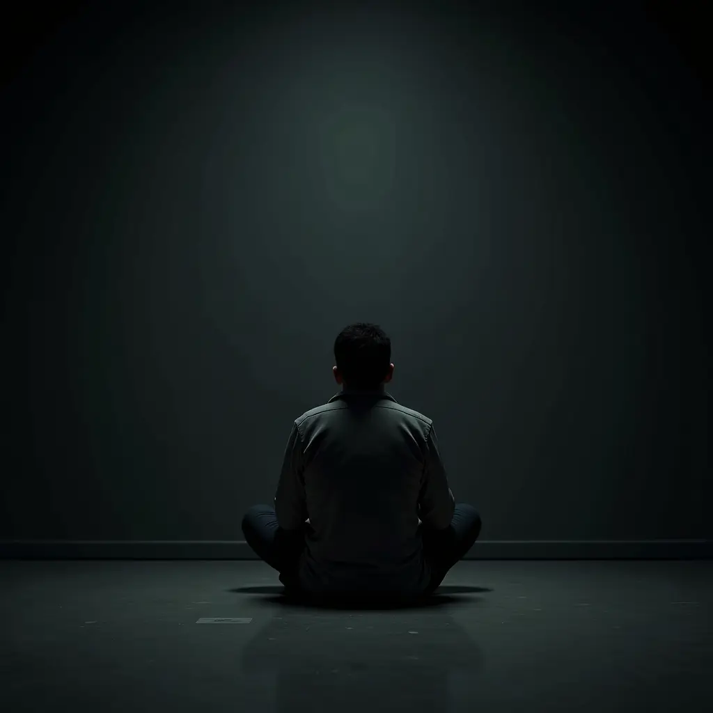 شخص يجلس وحيد في مكان مظلم لا يظهر ملامح المكان و يكون غير سعيد و شكله جميل و التصوير يكون من مسافه بعيده