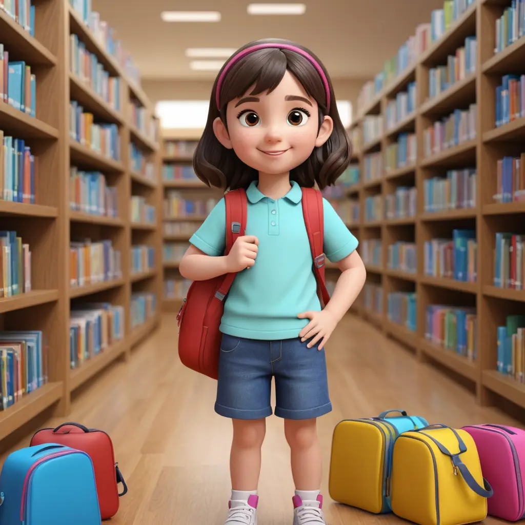 بنت صغيرة شخصية كرتون ثري دي ، داخل مكتبة وتشتري شنطة مدرسية وفى الخلف مجموعة من الشنط المدرسية ، لانش بوكس، أقلام ، كتب