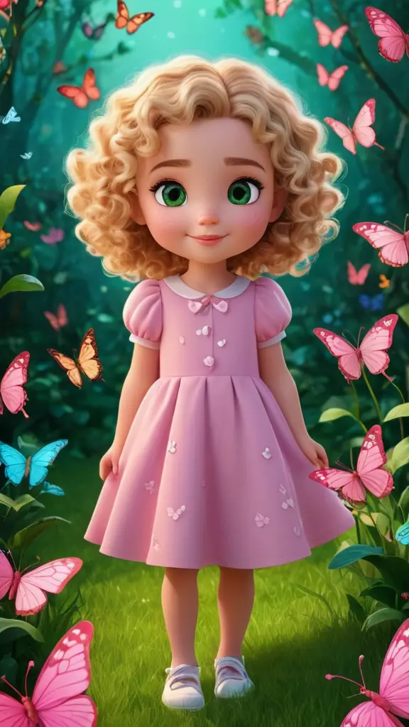 شخصية كرتونية طفلة صغيرة شعرها أشقر مجعد وعيون خضراء ترتدي فستان زهري اللون بين الفراشات كرتون 4d
