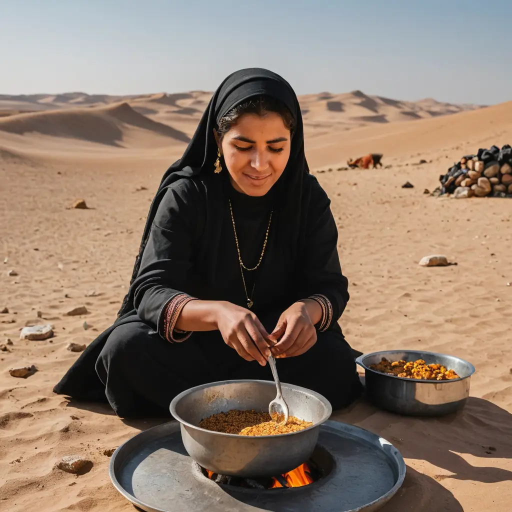 صورة مرأة بدوية تطبخ في الصحراء