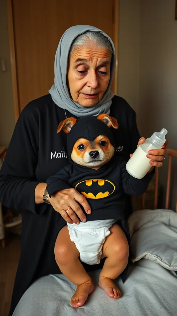 صورة إمرأة عجوز ترتدي ملابس سوداء مكتوب عليها كلمة Maitha Naser تضع طفل صغير برأس كلب يرتدي ملابس باتمان و يضع حفاضات في السرير و يحمل قارورة الرضع فيها حليب 