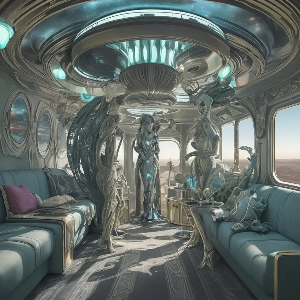 an art deco clothing caravan traveling the space colony spreading the latest in art deco meets sci-fi fashion , surreal alien landscape with alien flora and fauna with sculptural accents and booths along the path at sunrise