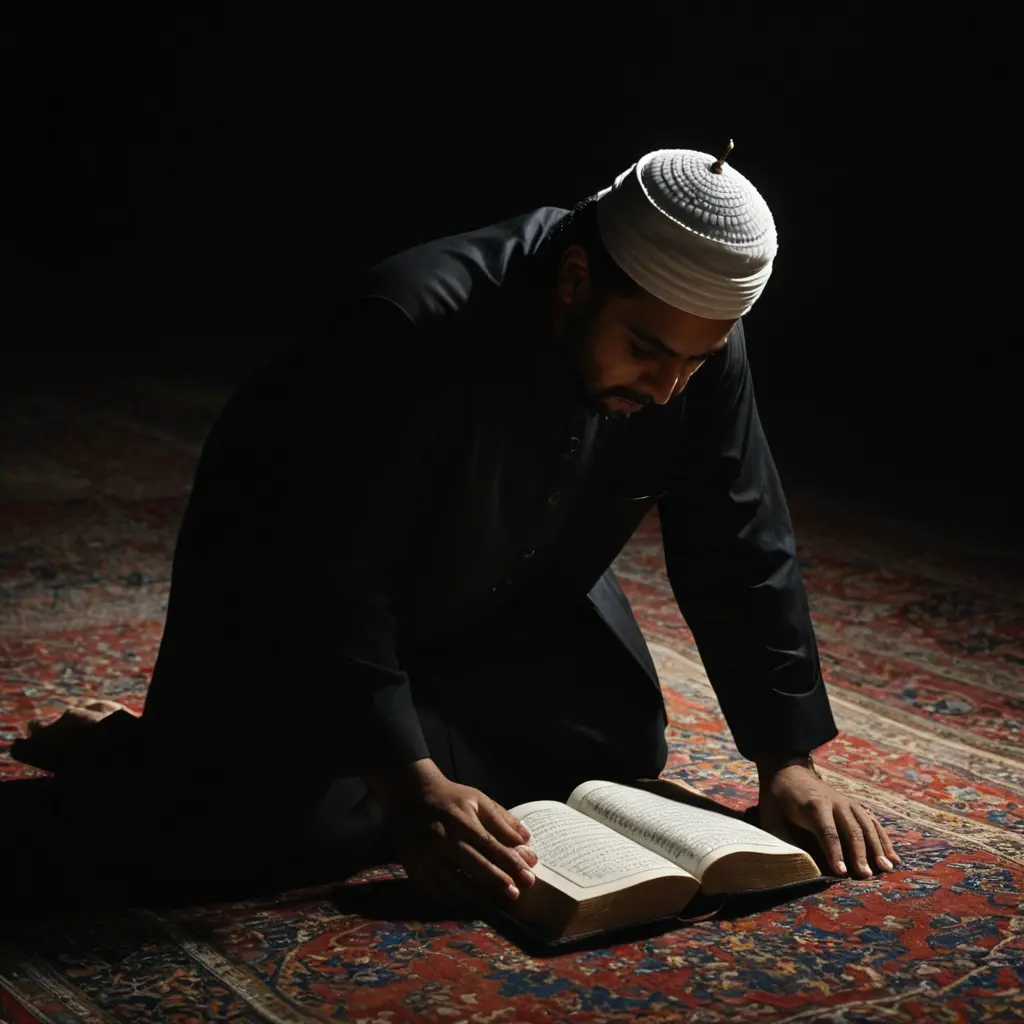 رجل مسلم يسجد في الظلام وبجانبه القرآن الكريم