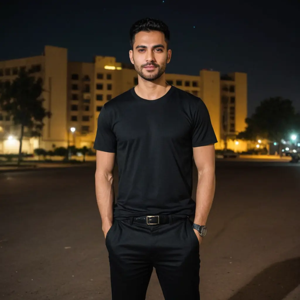 رجل جميل يرتدى قميص اسود وبنطلون اسود من أمام مستشفى المعادى للقوات المسلحة فى الليل