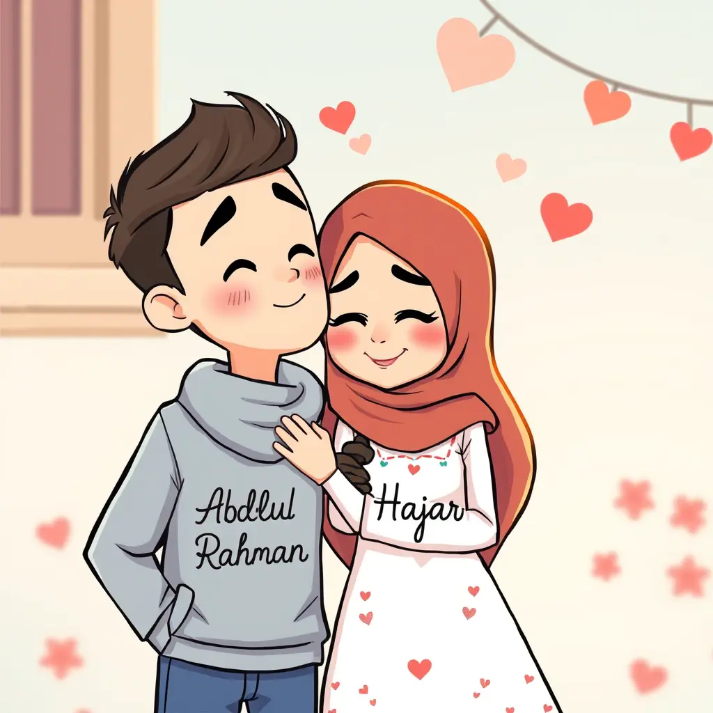 صوره  كرتون ولد وبنت بيحبو بعض جميله وي لبس الولد مكتوب عليه عبد الرحمن ولبس البنت مكتوب عليه هاجر ومسكين قلب 