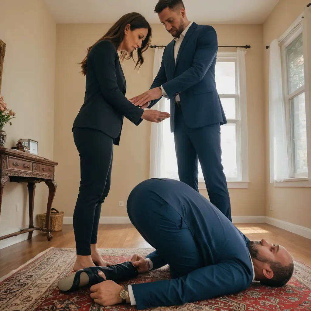 الزوج يسجد تحت اقدام زوجته وهى واقفه امامه