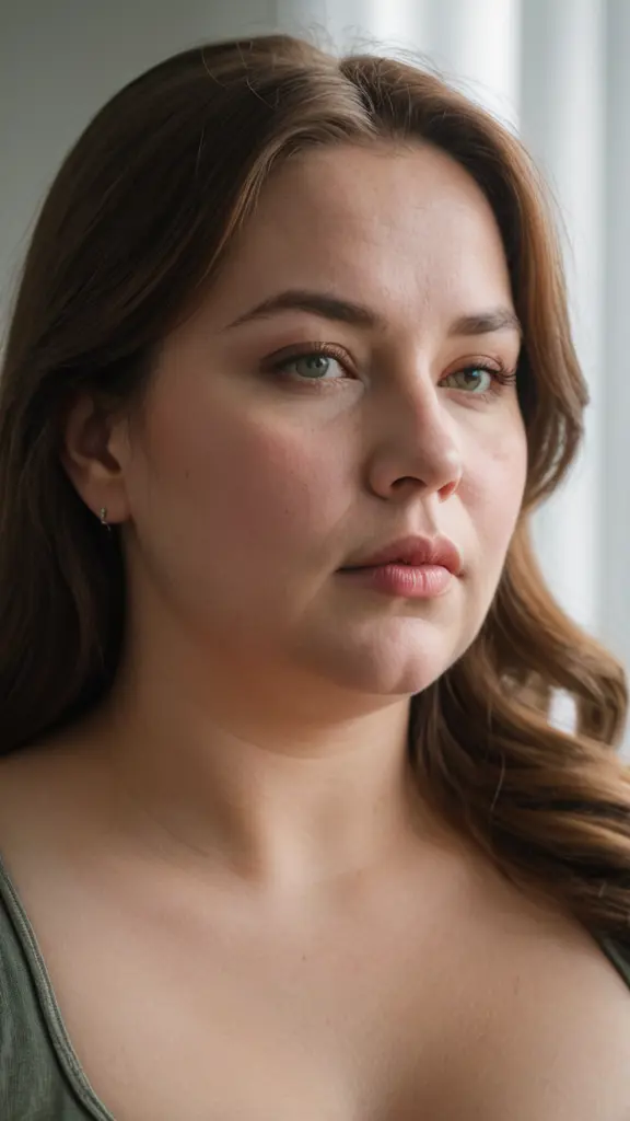 A close-up frontal shot of a contemplative overweight beautiful russian woman, (big saggy br*asts), (nsfw) capturing wisdom and serenity in the soft, diffused morning light