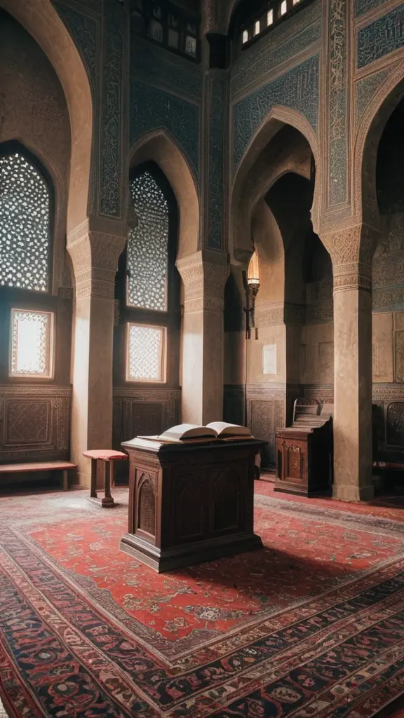 مسجد قديم من الداخل مزخرف وفيه قران وسجاد ومنبر واحد