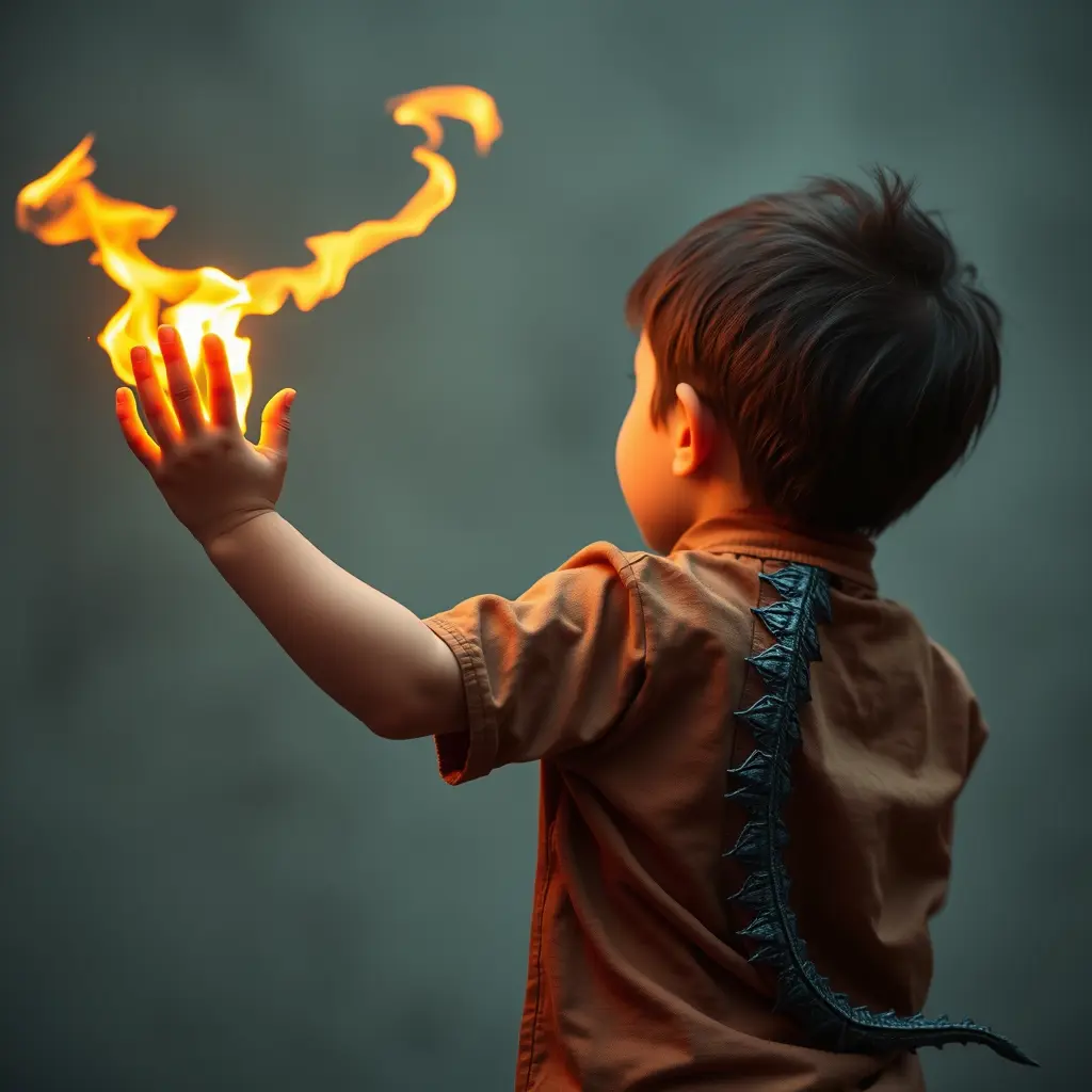 طفل يطلق من يده النار على شكل تنين في مكان ظهر