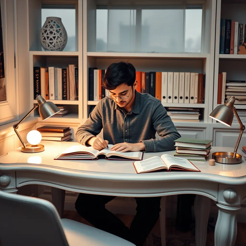 شكل مكتب طالب توجيهي يدرس بجد في غرفته وعلا مكتبه الخاص وفي اليل وعليه دراسة الكثير من الكتب المفتوحه جاهزه للدراسه بشكل جميل وانيق مكتب ابيض كتب اكثر واكثر