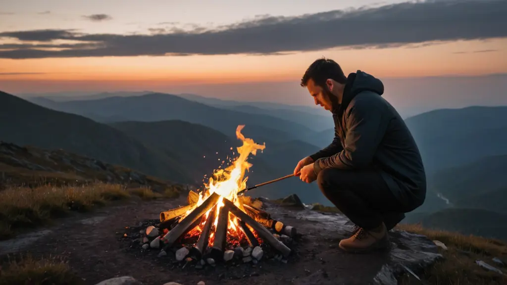 رجل يشب النار في أعلى الجبل وقت الغروب والجو ممطر
