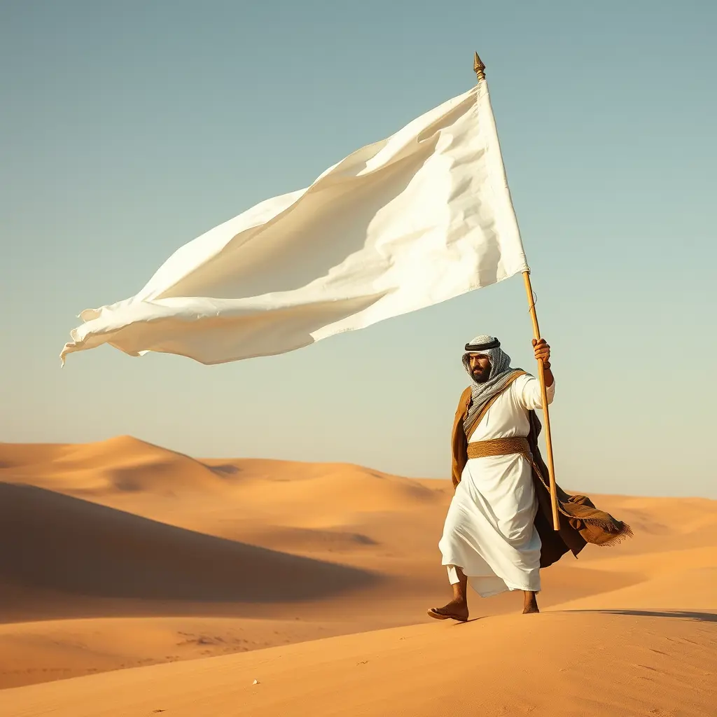 محارب عربي وسط الصحراء يحمل راية كبيرة بيضاء اسفل الراية سيف عربي داخل الراية مكتوب القعاقع بن عمر التميمي