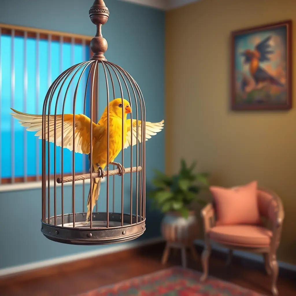 اريد صورة عصفور الكنار في قفص وفي غرفة