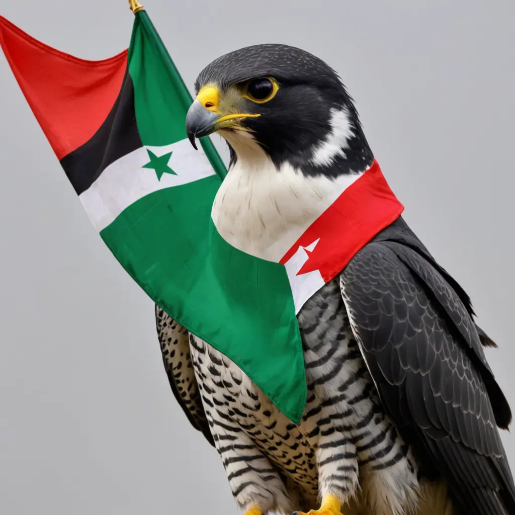 صقر الشاهين مع علم الثورة السورية أخضر من الأعلى أبيض في الوسط مع ثلاث نجوم حمراء،أسود من الأسفل