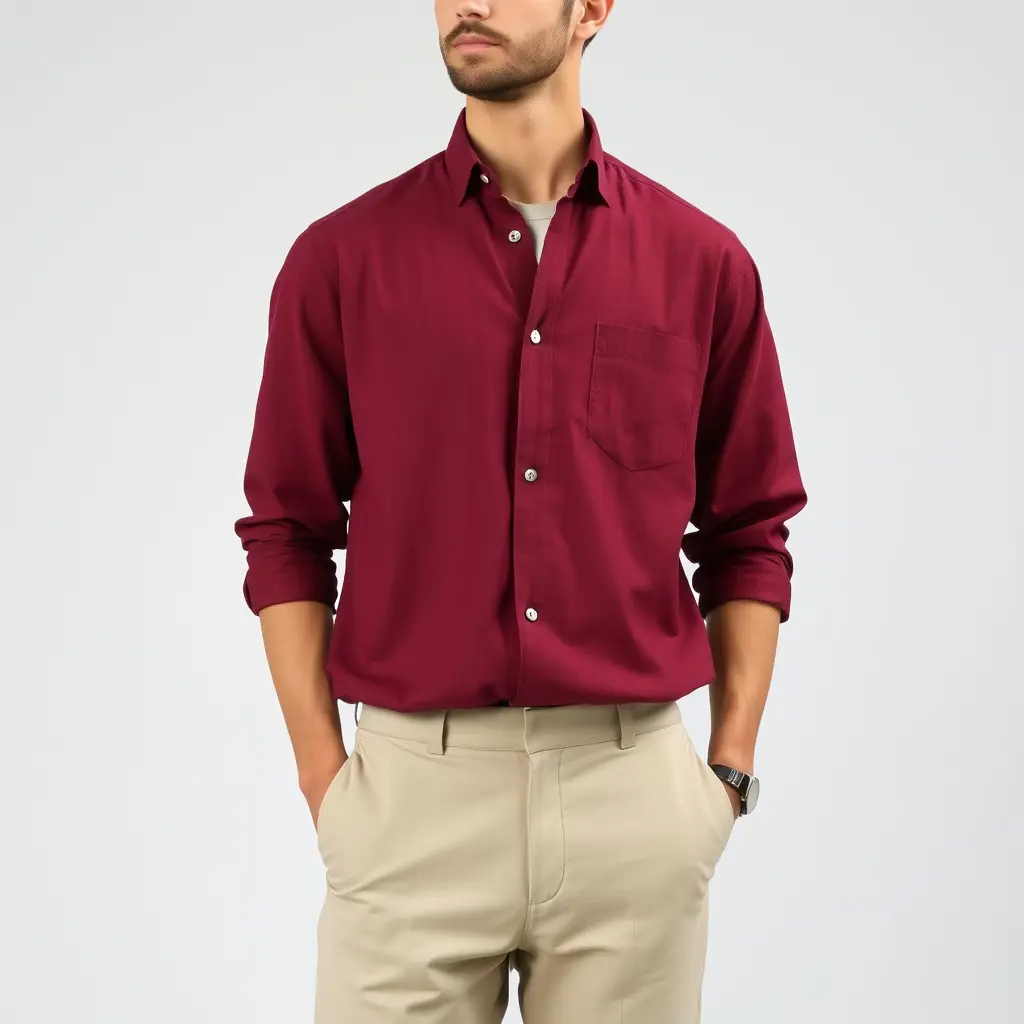 قميص نبيتي رجالي كتان على بنطلون بيج وكوتشي ابيض والقميص مقفول القميص بره المنطلون