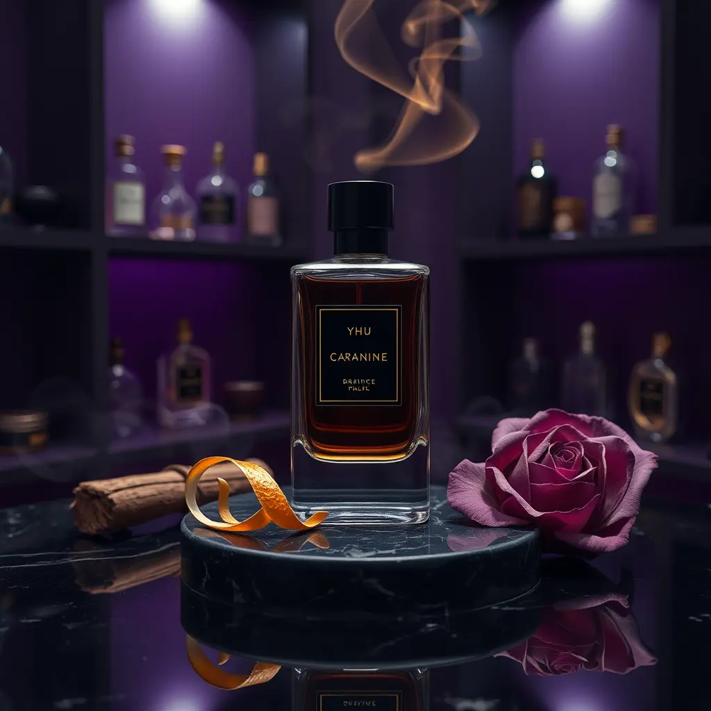 العطر في المنتصف:
موضوع على قاعدة رخامية سوداء أو سطح زجاجي عاكس.
يظهر انعكاس الزجاجة كاملًا تحتها بشكل ناعم وجذاب.
🔹الخلفية:
جدران داكنة بدرجات بنفسجي غامق (plum أو eggplant).
فيها تدرجات ضبابية توحي بعمق وفضاء، مع رفوف بعطور رجالية كلاسيكية، كلها بلور وغير واضحة المعالم (عشان التركيز يكون على الزجاجة).
✨ الإضاءة والمؤثرات:
ضوء خلفي ناعم باللون البنفسجي البارد (مثل ضوء قمر في غرفة مظلمة).
وهج ذهبي خفيف من أعلى الزجاجة يوحي بالقوة والتميز.
دخان عطري خفيف بنفسجي-ذهبي يلتف حول الزجاجة كأنه هالة.
🪵 العناصر الإضافية حول الزجاجة:
قطعة من خشب الأرز أو العود الطبيعي.
قشرة برتقال جافة، أو لمسة خفيفة من العنبر الذهبي.
وردة مجففة بلون أرجواني غامق (لمسة شاعرية بس رجالية).