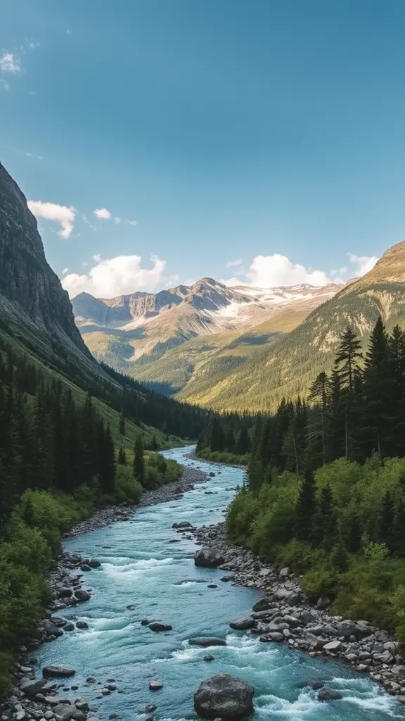 جبل ونهر وارض خضراء